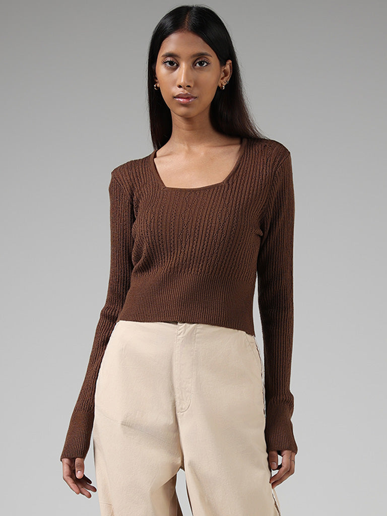 Nuon Brown Pointelle Knitted Sweater