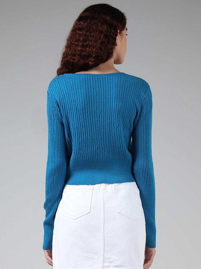 Nuon Solid Blue Lace Knitted Crop Sweater