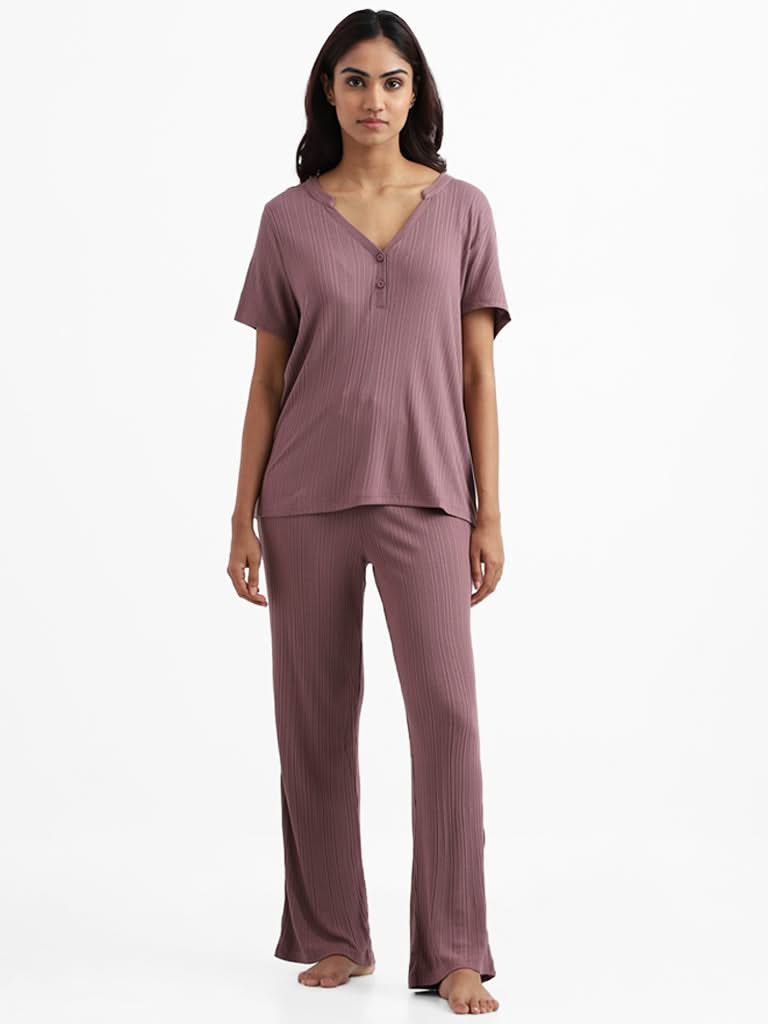 Wunderlove Sleepwear Modal Rib Light Brown Henley Supersoft Lounge Top