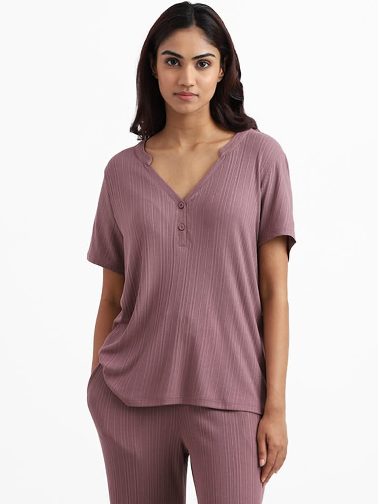 Wunderlove Sleepwear Modal Rib Light Brown Henley Supersoft Lounge Top