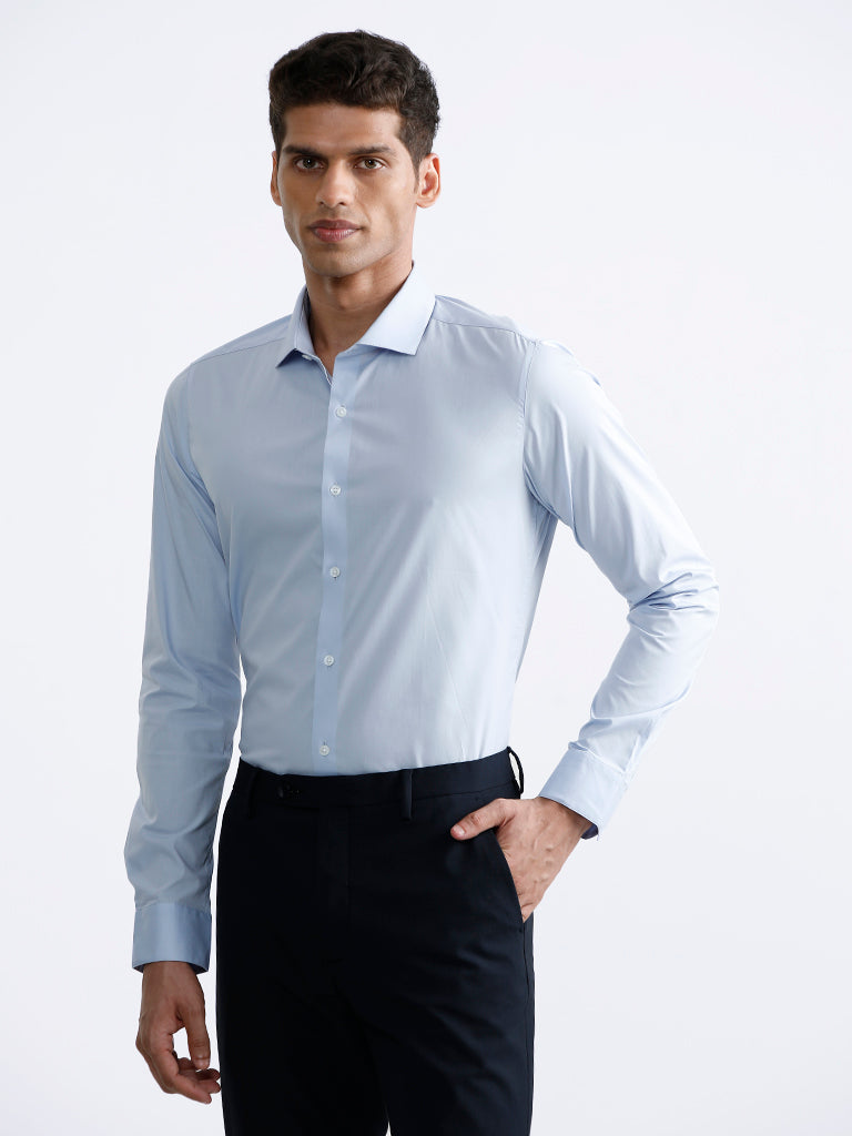 WES Formals Plain Light Blue Cotton Blend Ultra-Slim Fit Shirt