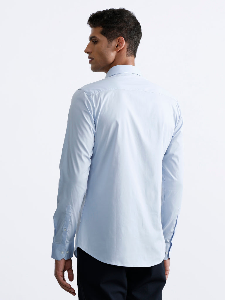 WES Formals Plain Light Blue Cotton Blend Ultra-Slim Fit Shirt