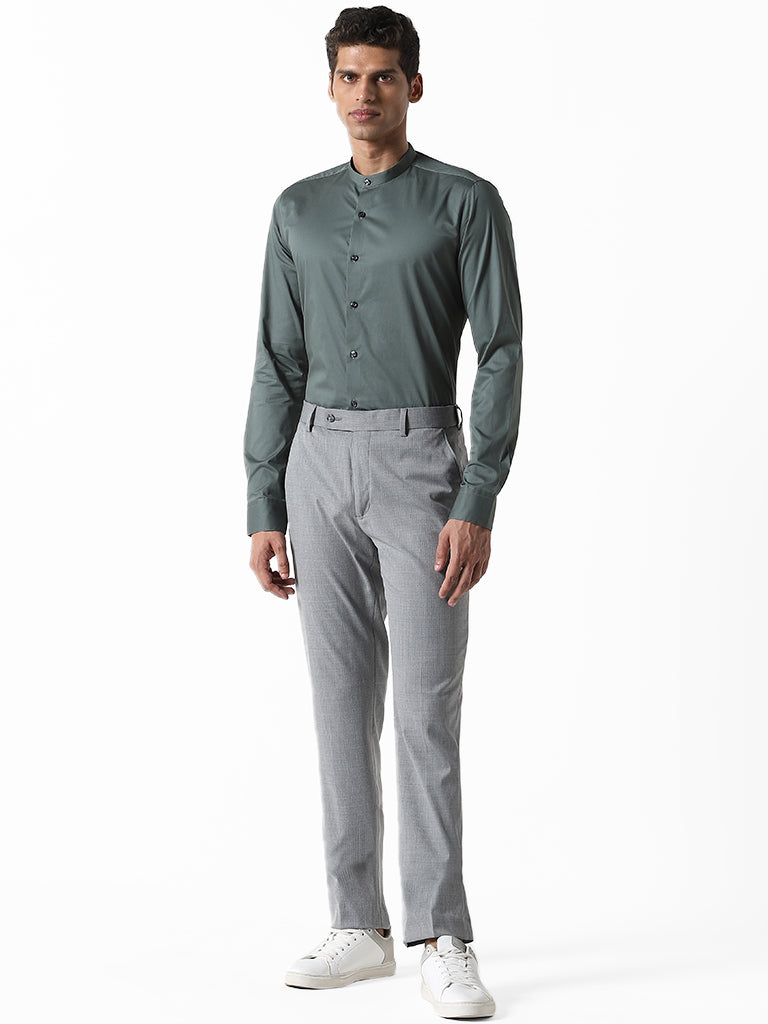 WES Formals Plain Dark Sage Cotton Blend Ultra-Slim Fit Shirt