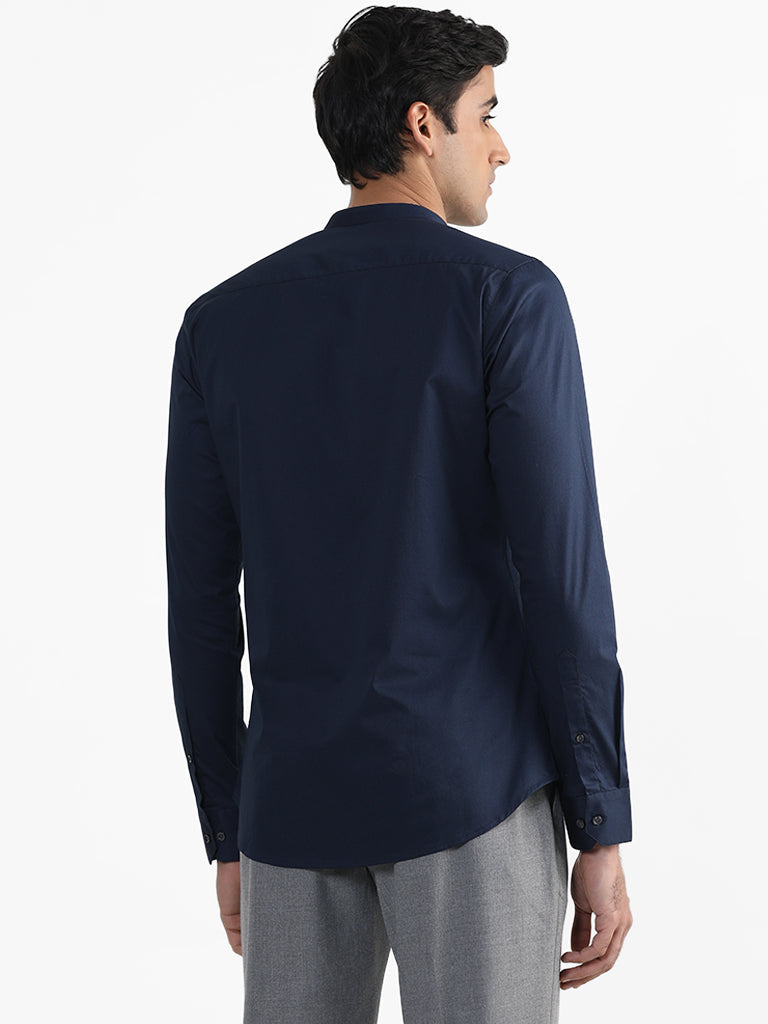 WES Formals Plain Indigo Cotton Blend Slim-Fit Shirt