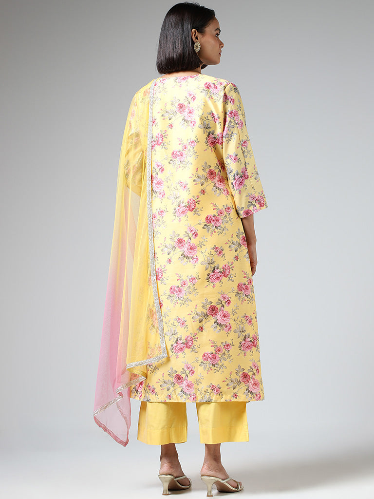 Vark Floral Printed Yellow Kurta with Pants & Dupatta