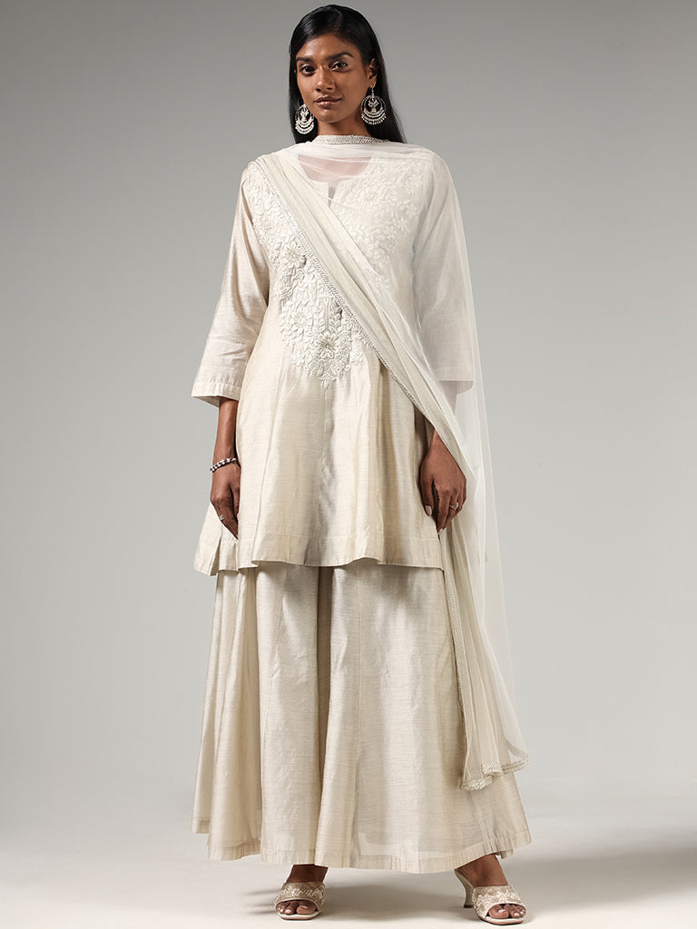 Vark Grey Floral Embroidered Kurta, Palazzos and Dupatta Set