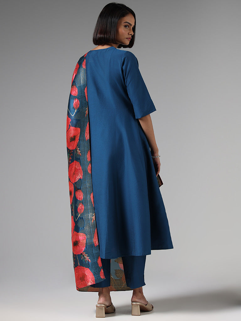 Vark Solid Indigo Kurta, Pants with Floral Dupatta Set