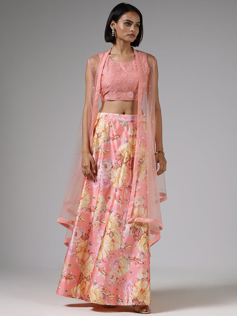 Vark Peach Mirror Embroidered Choli, Jacket and Floral Printed Skirt Set