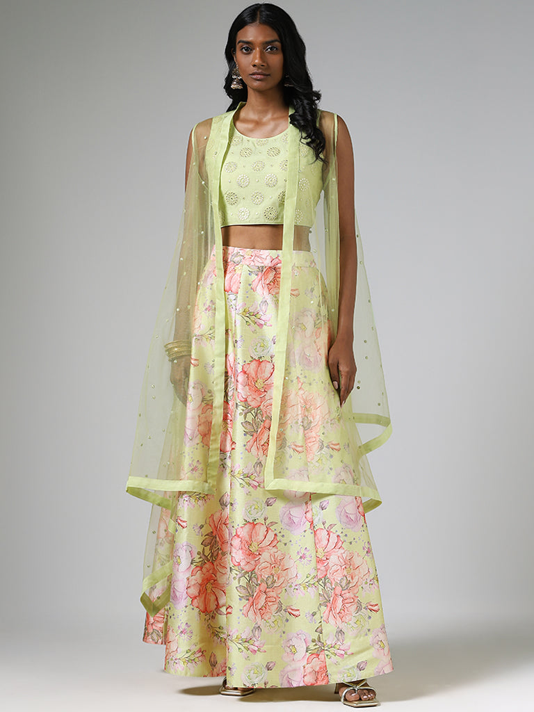 Vark Lime Mirror Work Choli, Jacket and Floral Printed Skirt Set