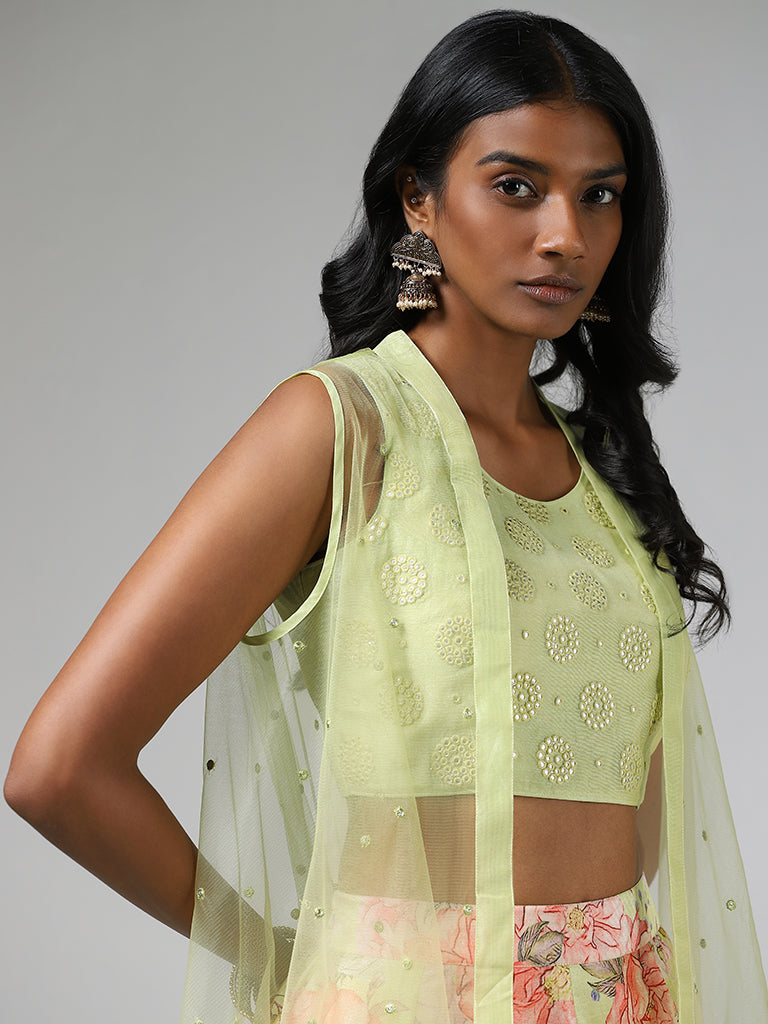 Vark Lime Mirror Work Choli, Jacket and Floral Printed Skirt Set