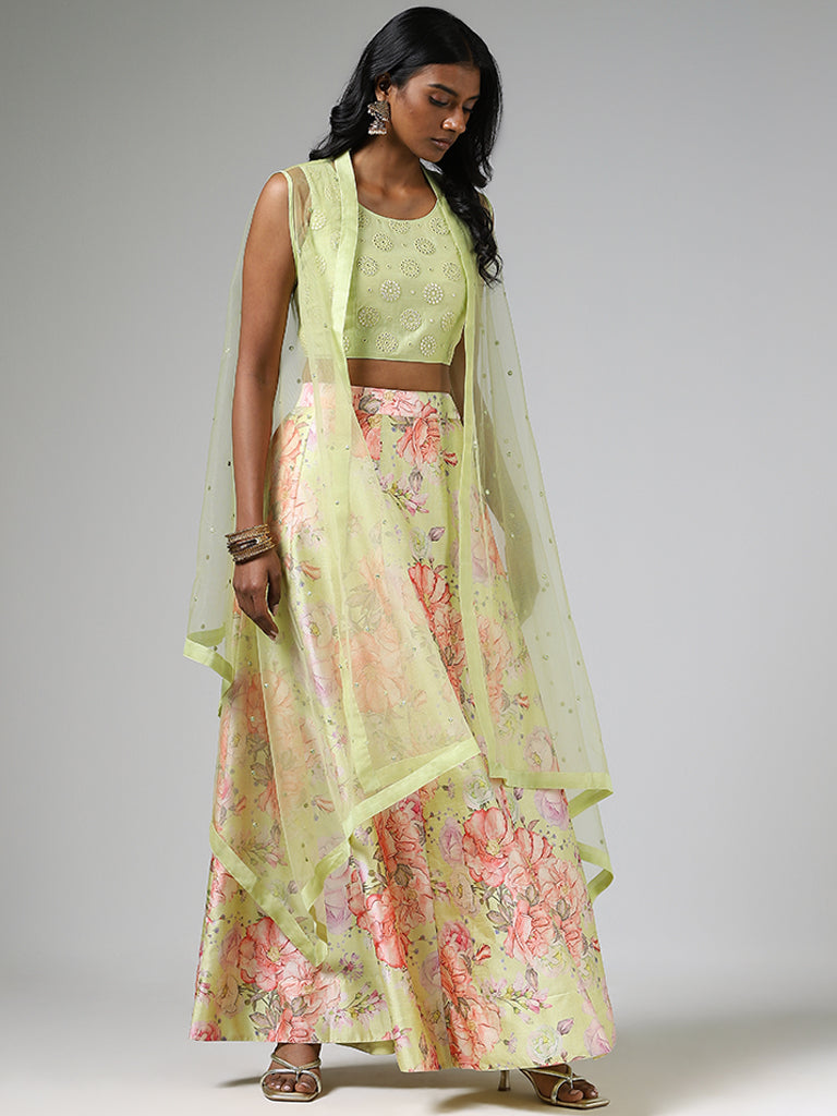 Vark Lime Mirror Work Choli, Jacket and Floral Printed Skirt Set