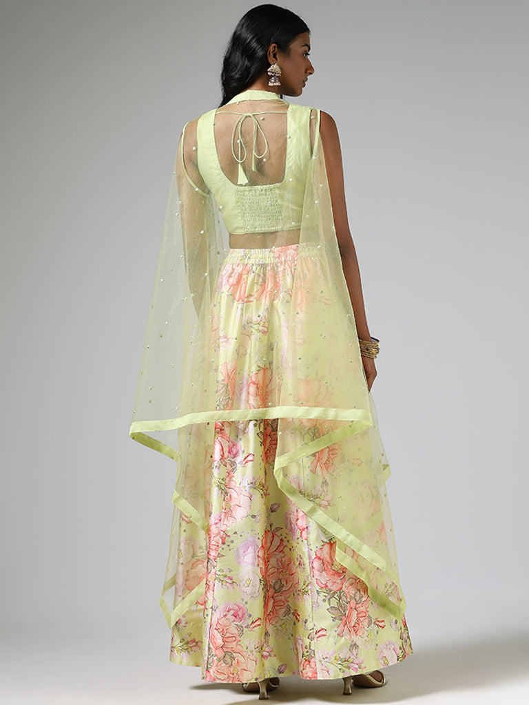 Vark Lime Mirror Work Choli, Jacket and Floral Printed Skirt Set