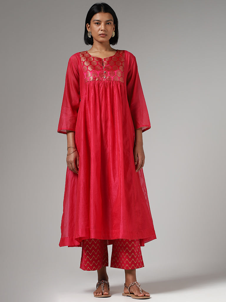 Utsa Pink Jacquard Embroidered Gathered Kurta with Inner