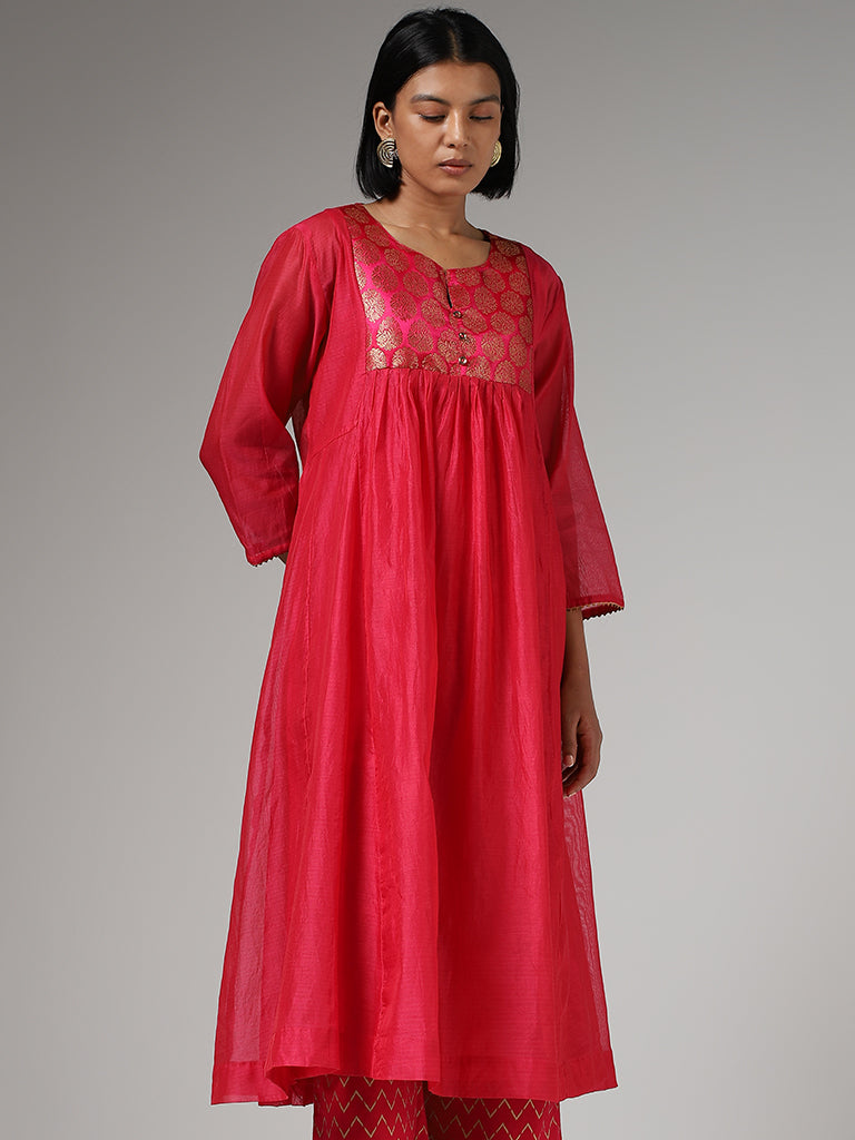 Utsa Pink Jacquard Embroidered Gathered Kurta with Inner