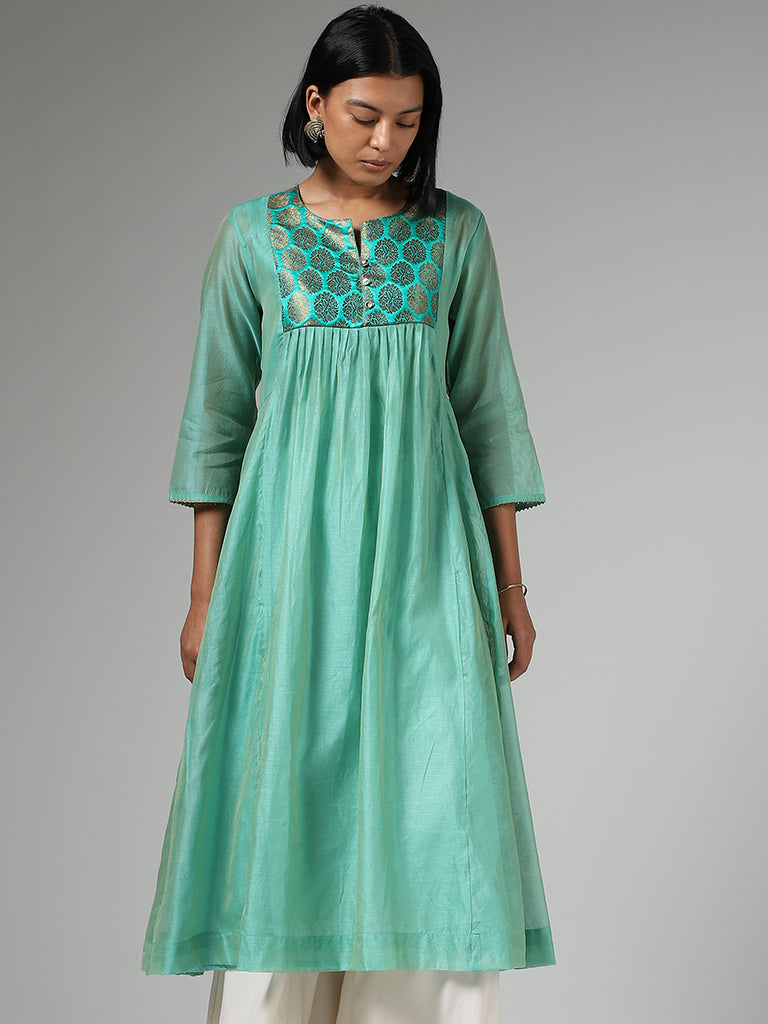 Utsa Aqua Green Jacquard Embroidery Kurta with Inner