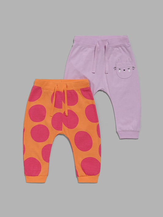 HOP Baby Orange & Lavender Printed Joggers - Pack of 2