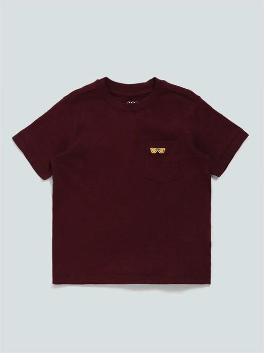 HOP Kids Glass Printed Pocket Burgundy T-Shirt