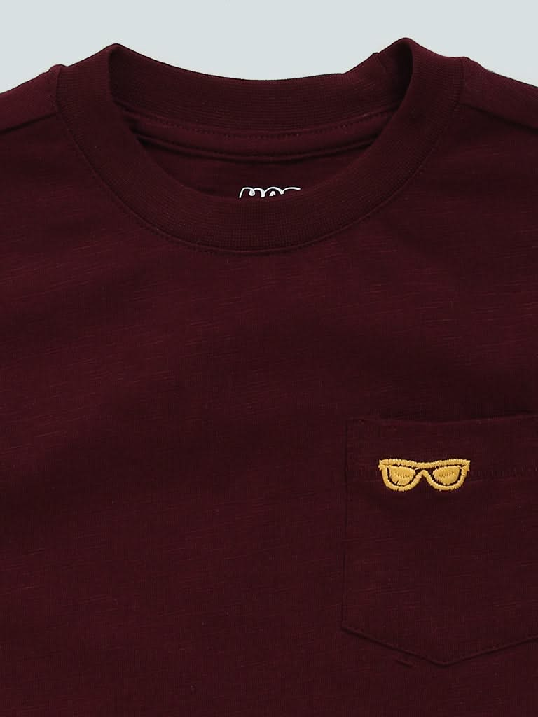 HOP Kids Glass Printed Pocket Burgundy T-Shirt