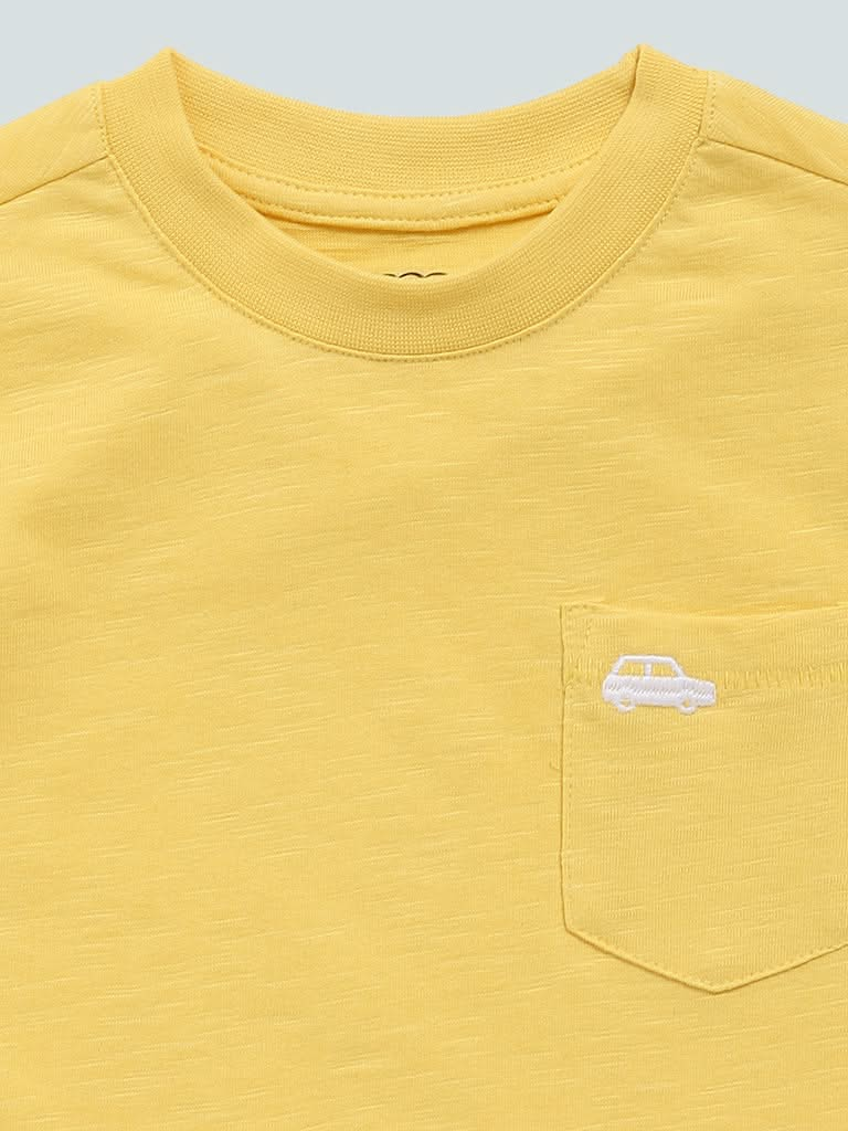 HOP Kids Solid Yellow Car Embroidered T-Shirt