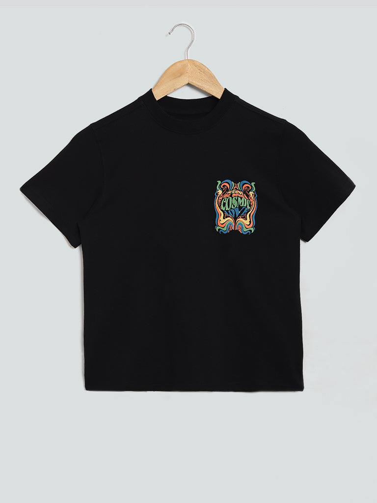 Y&F Kids Black Printed T-Shirt