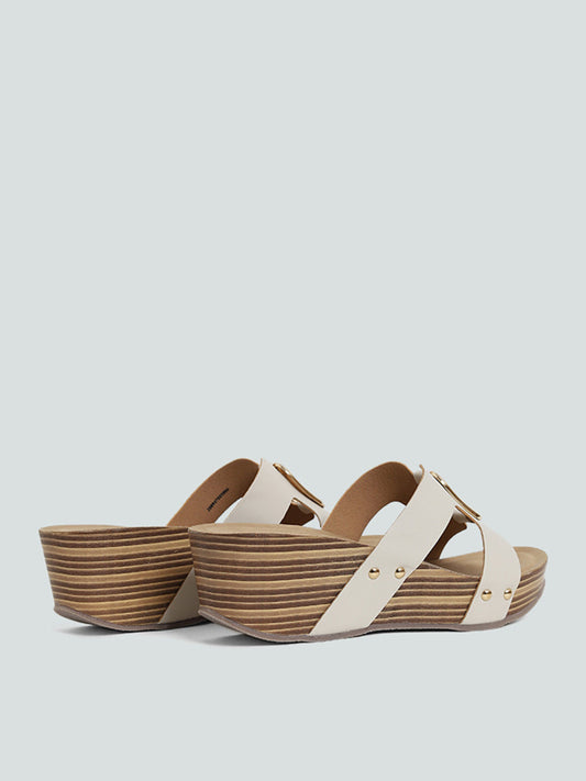 LUNA BLU Cut Out Cage Buckle Ivory Wedge Sandals