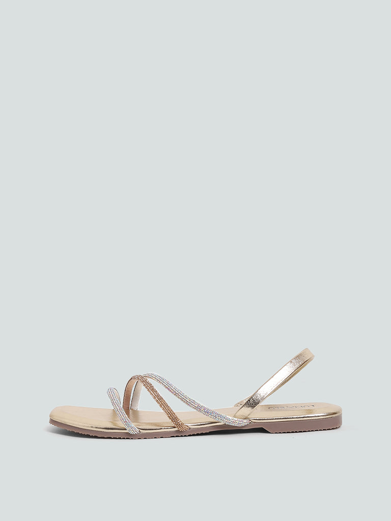 LUNA BLU Gold Cross Strapped Diamante Sling Back Sandals