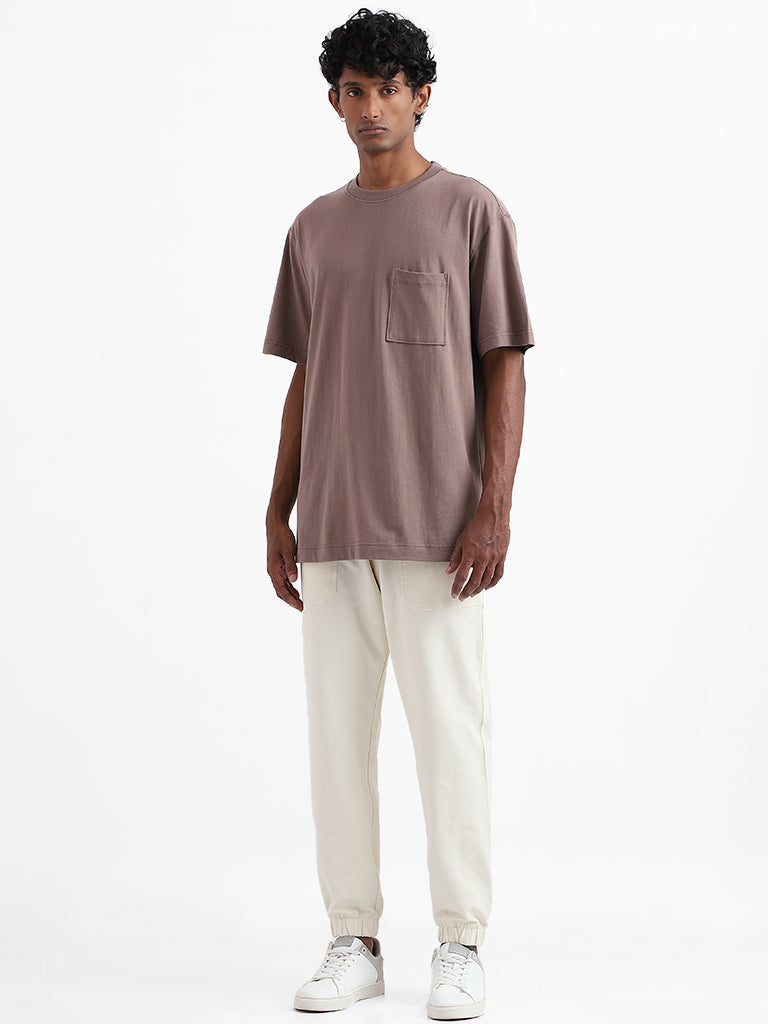 Nuon Taupe Cotton Relaxed-Fit T-Shirt