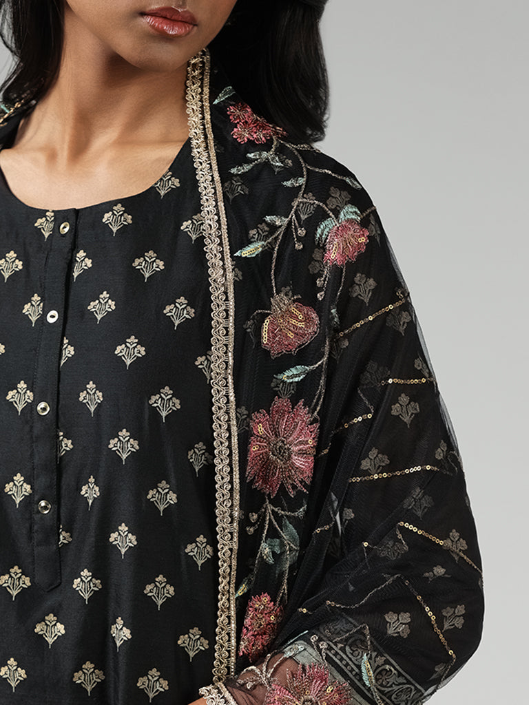 Vark Black Printed Cotton Blend Kurta with Palazzos and Dupatta