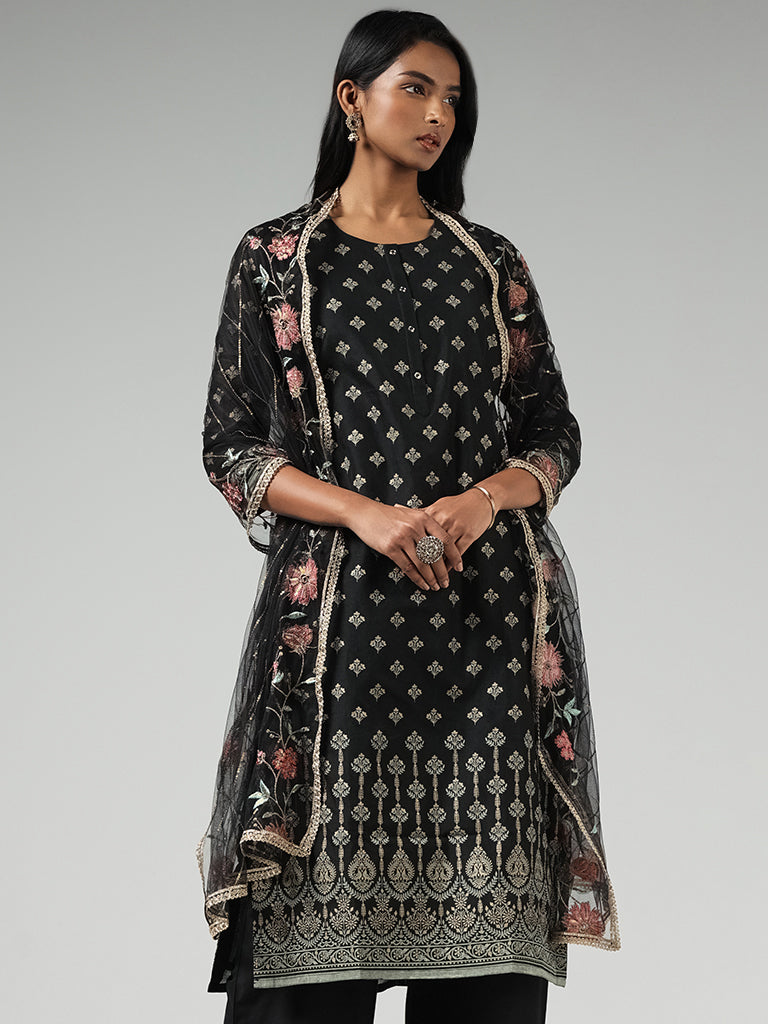 Vark Black Printed Cotton Blend Kurta with Palazzos and Dupatta