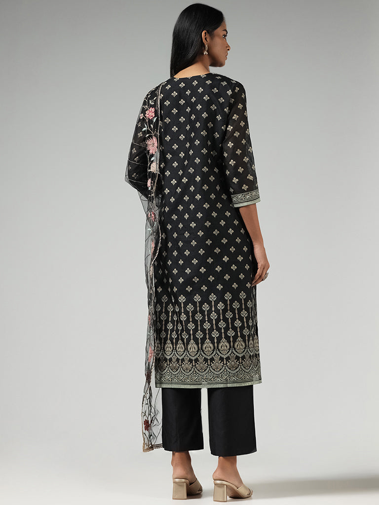 Vark Black Printed Cotton Blend Kurta with Palazzos and Dupatta