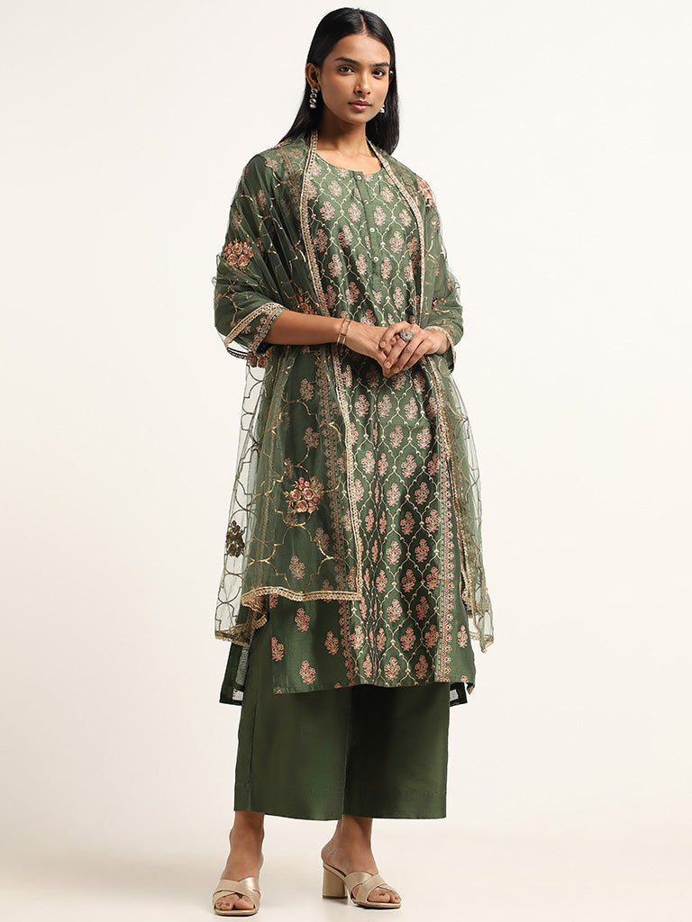 Vark Green Embroidery Cotton Blend Kurta, Pants and Dupatta Set