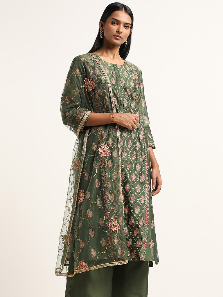 Vark Green Embroidery Cotton Blend Kurta, Pants and Dupatta Set