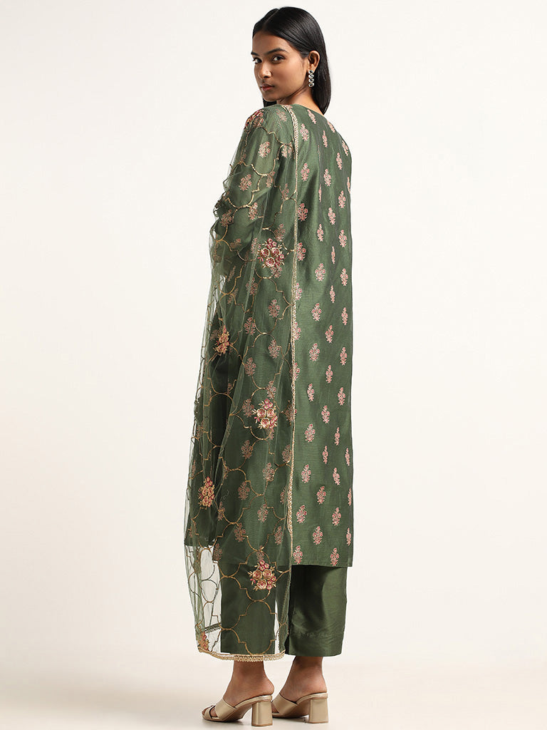 Vark Green Embroidery Cotton Blend Kurta, Pants and Dupatta Set