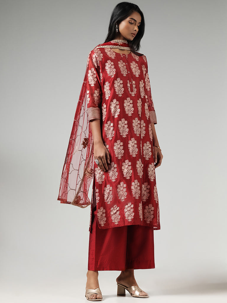 Vark Maroon Floral Printed Cotton Blend Kurta with Palazzos and Dupatta