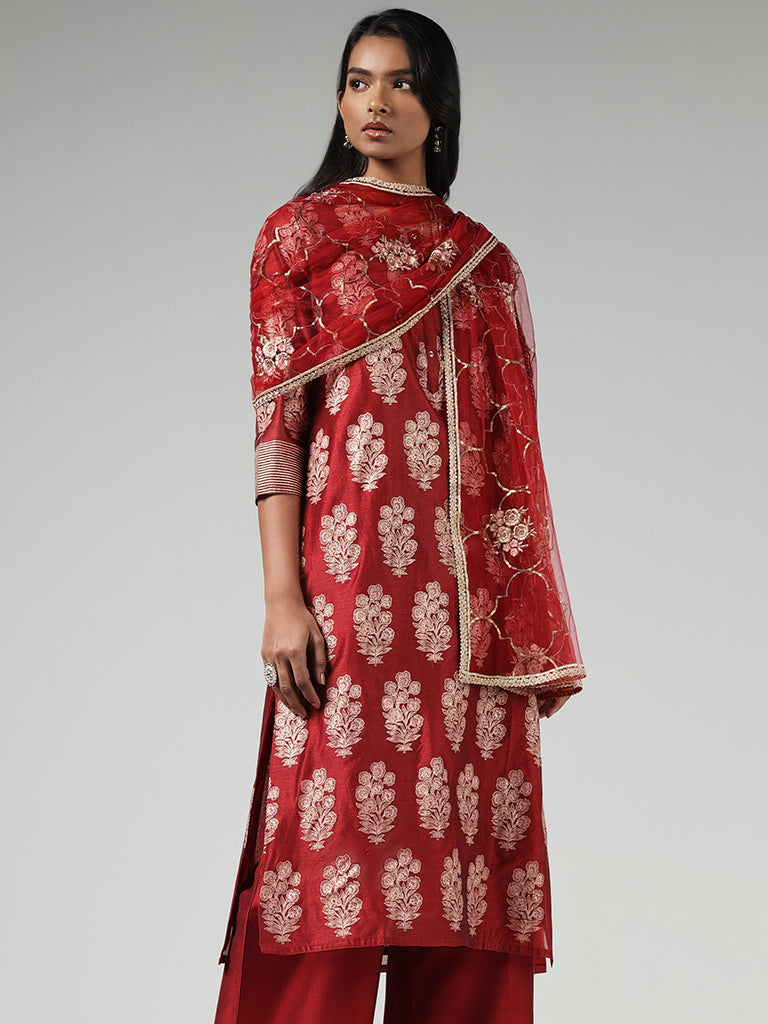 Vark Maroon Floral Printed Cotton Blend Kurta with Palazzos and Dupatta