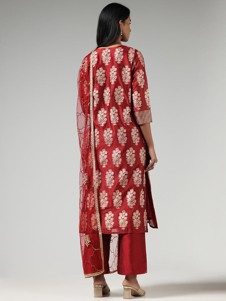 Vark Maroon Floral Printed Cotton Blend Kurta with Palazzos and Dupatta