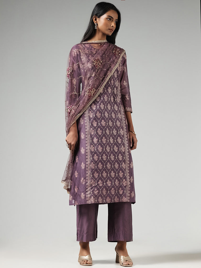 Vark Purple Printed Cotton Blend Kurta with Palazzos and Dupatta