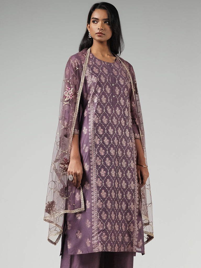 Vark Purple Printed Cotton Blend Kurta with Palazzos and Dupatta