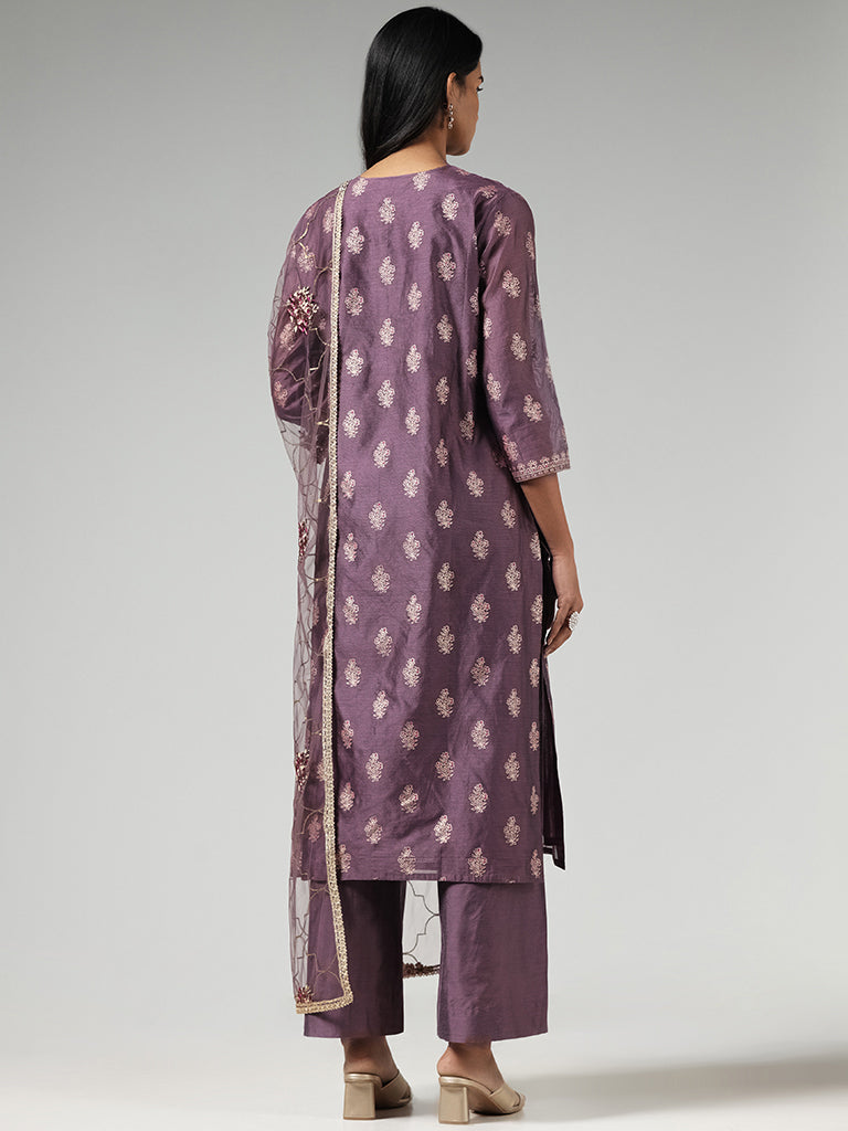 Vark Purple Printed Cotton Blend Kurta with Palazzos and Dupatta