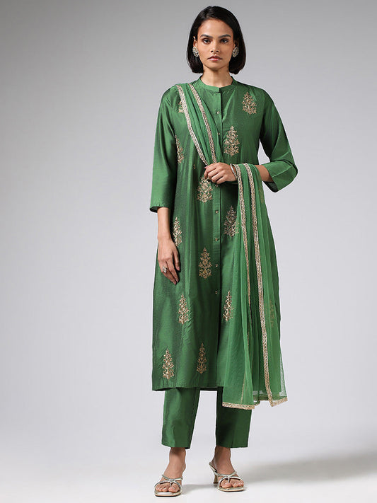 Vark Green Embroidered Kurta, Pants & Dupatta Set