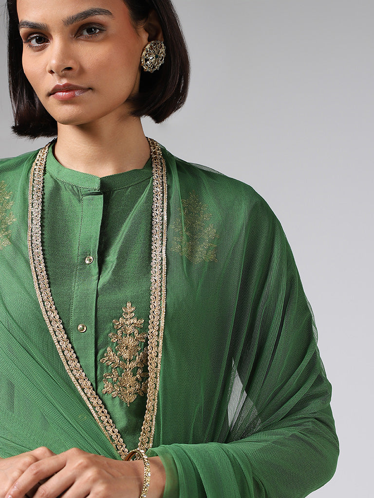 Vark Green Embroidered Kurta, Pants & Dupatta Set