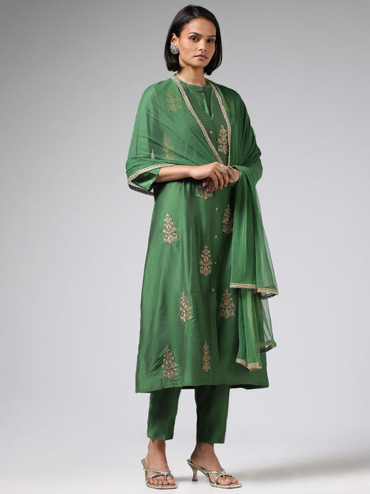 Vark Green Embroidered Kurta, Pants & Dupatta Set