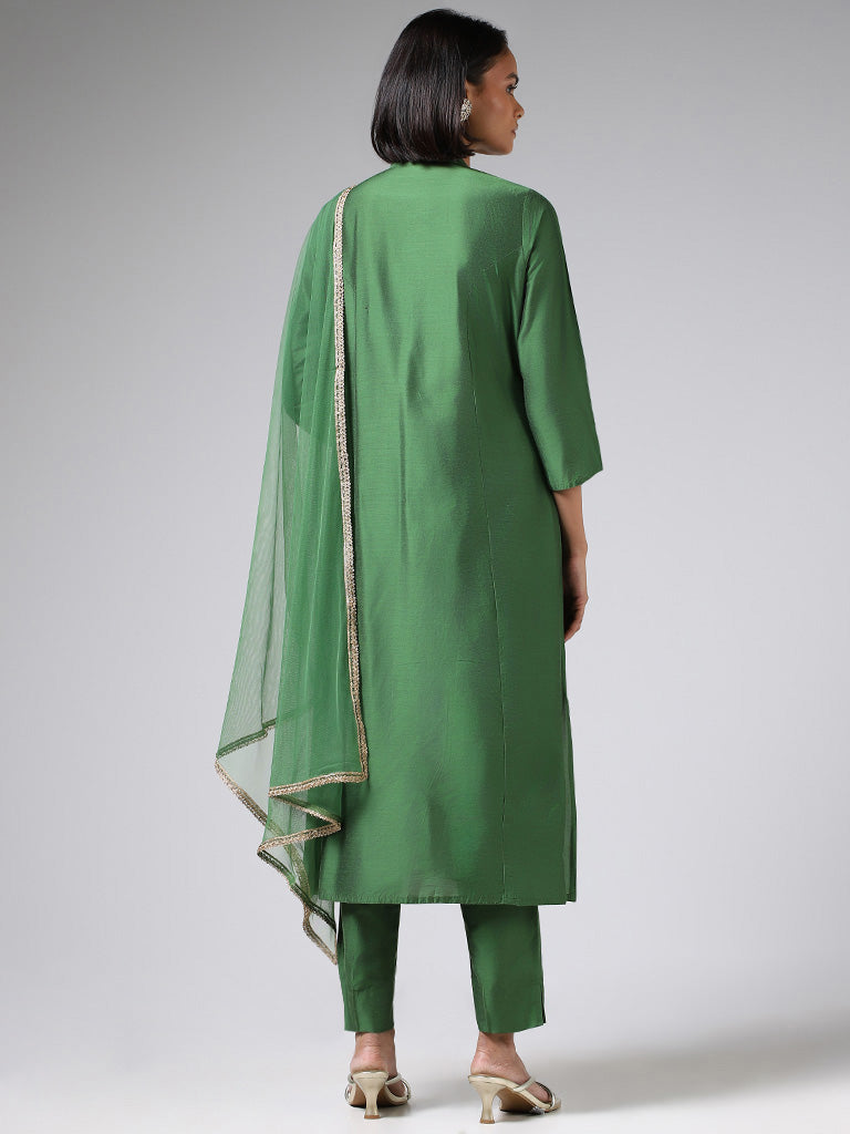 Vark Green Embroidered Kurta, Pants & Dupatta Set