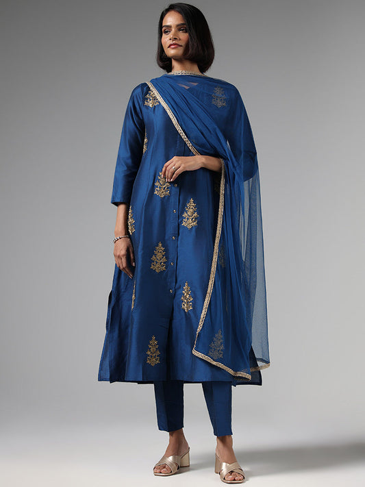 Vark Indigo Zari Embroidered Kurta, Pants & Dupatta Set