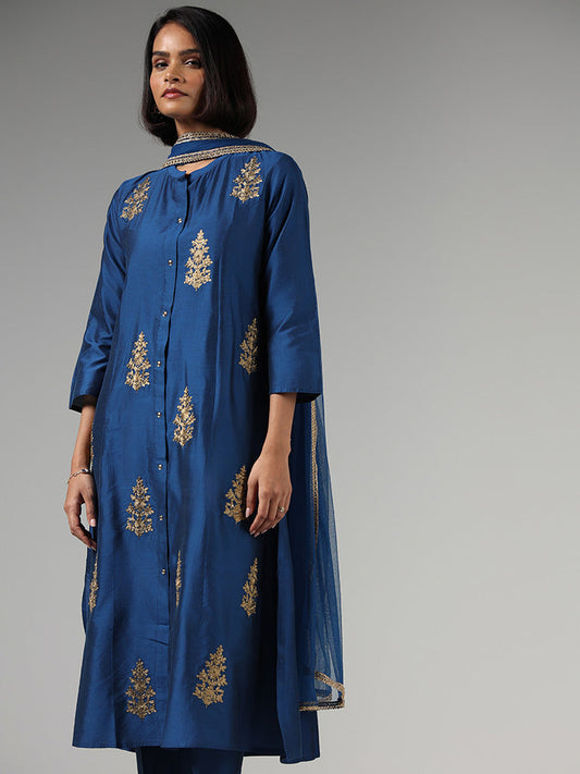 Vark Indigo Zari Embroidered Kurta, Pants & Dupatta Set