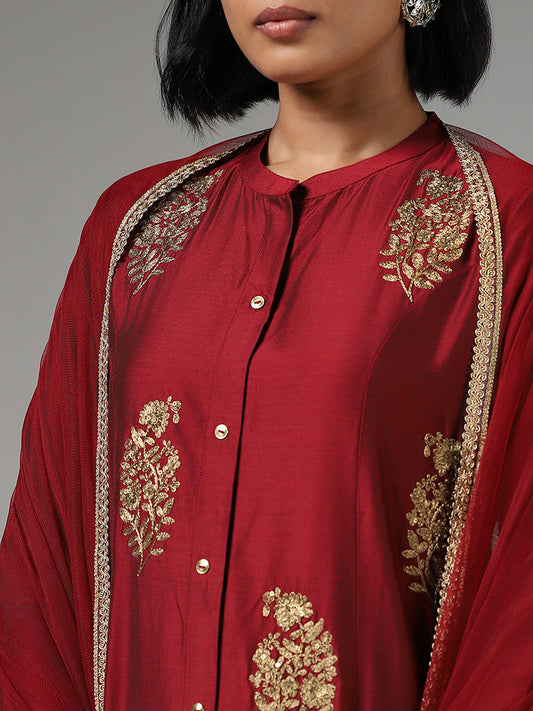 Vark Zari Embroidered Maroon Kurta with Pants & Dupatta