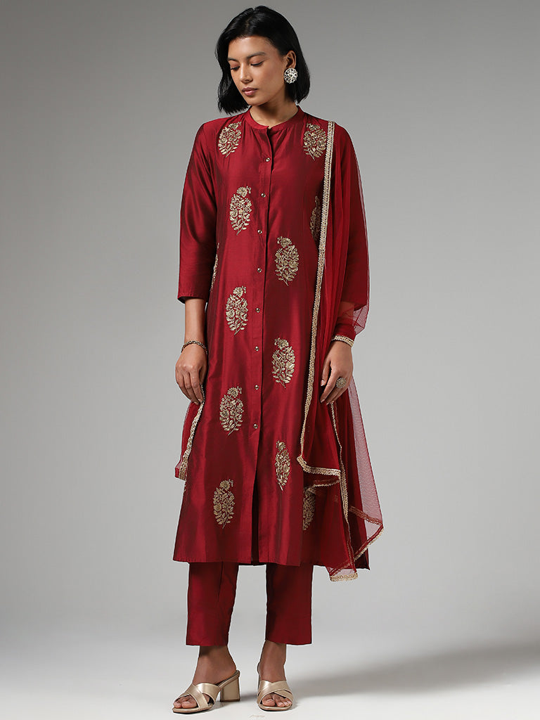 Vark Zari Embroidered Maroon Kurta with Pants & Dupatta