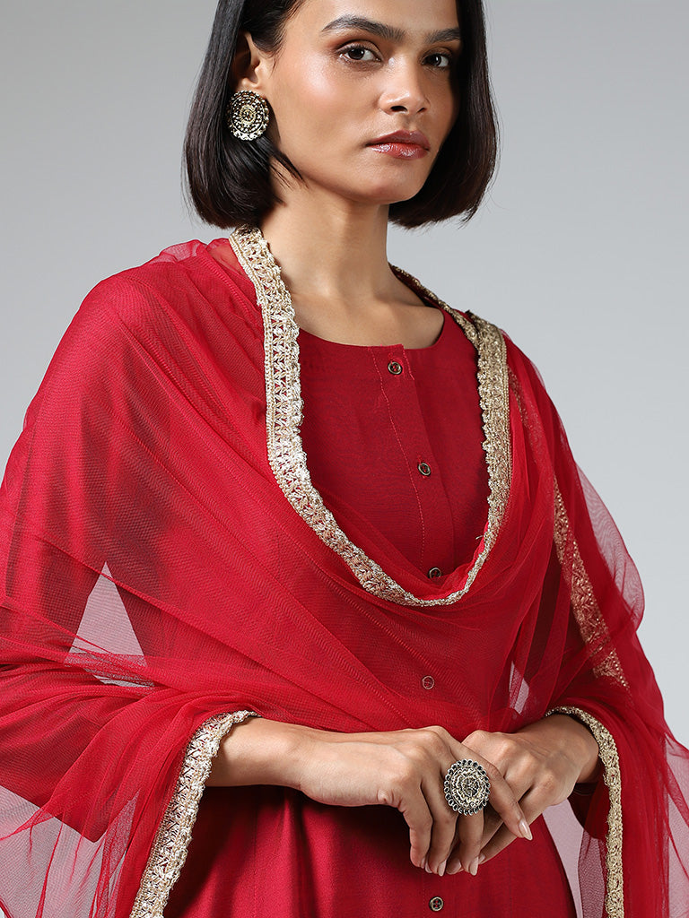 Vark Plain Red Kurta with Embroidered Pants & Dupatta