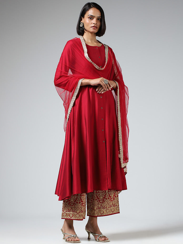 Vark Plain Red Kurta with Embroidered Pants & Dupatta