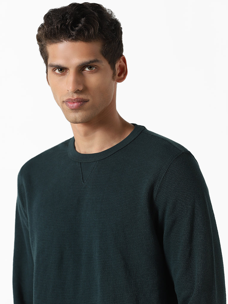 WES Casuals Solid Green Ribbed Slim-Fit Sweater